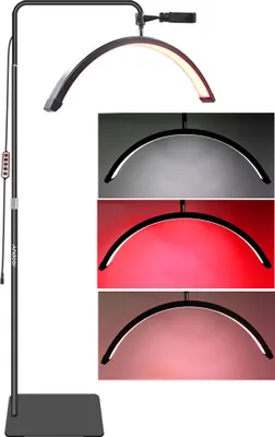 Produktbild von Andoer HD-M6XR 36 W Boden-LED-Videoleuchte, halbmondfoermiges Fuelllicht, dimmbar mit 5600 K Weisslicht und rotem Licht, 186 cm Metall-Lichtstativ, Telefonhalter, Fernbedienung fuer Schoenheitssalon, Make-up, Live-Streaming, Nachttischlampe