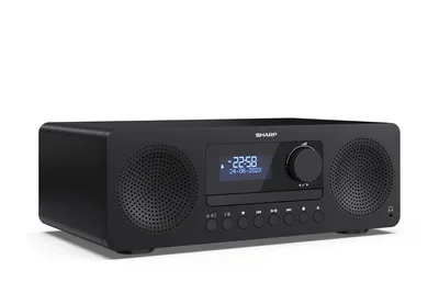 A black Sharp all-in-one hi-fi system is shown against a white background.
