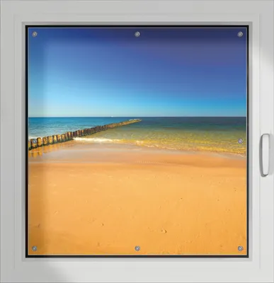Produktbild von Wallario Lichtschutzbild, Dekorativer Sichtschutz Sonnenschutz 96 x 93 cm mit Motiv: Sandstrand in orange - Blaues Meer - Blauer Himmel - Verdunklung ohne Bohren