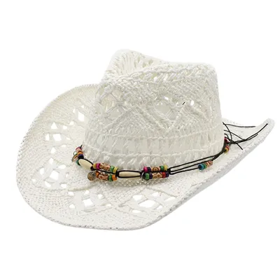 Produktbild von Cowboyhut Uni Strohhut mit Breite Krempe Sommerhut Strandmütze, Weiß
