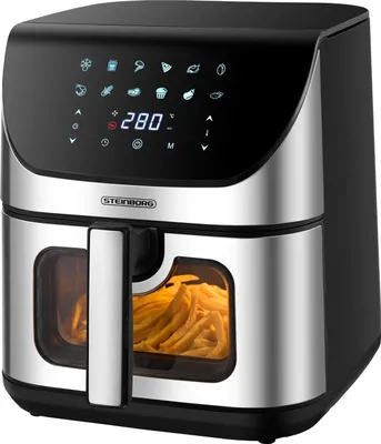 A black and silver air fryer with a digital display and a window showing french fries inside.
