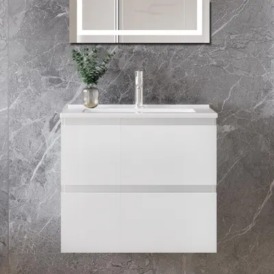 Produktbild von 60 cm Badmöbel-Set Unterschrank mit dünn Keramik waschtisch 2 Schubladen soft-close Hochglanz Weiß Selbstmontierter