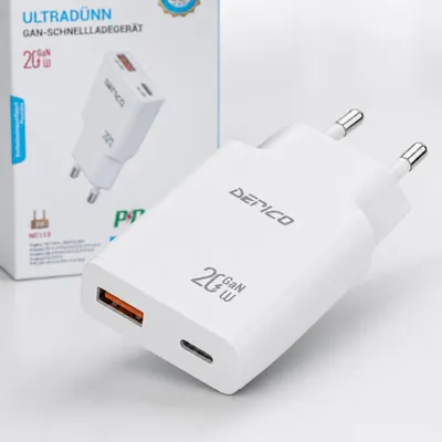 Produktbild von DERICO 20W GaN Schnellladegerät – USB-C PD & USB-A QC 3.0 Netzteil mit 2 Anschlüssen, kompakter EU-Stecker für Smartphone, Tablet, Kopfhörer und mehr, KI-generiertes Bild