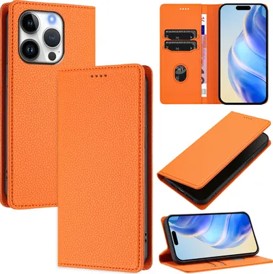 Image de Étui en cuir pour iPhone 16 Pro, Litschi cuir, étui portefeuille avec fentes pour cartes et support Orange
