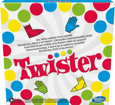 The image shows the front of a Twister board game box, featuring colorful circles and the game's logo.
