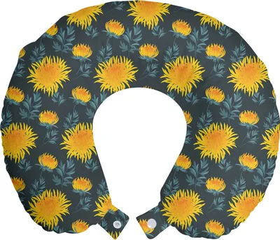 Produktbild von ABAKUHAUS Blume Reisekissen Nackenstütze, Gelbe Chrysantheme, Schaumstoff Reiseartikel für Flugzeug und Auto, 30x30 cm, Charcoal Grau Orange