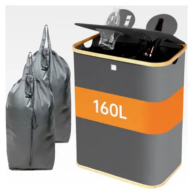 Produktbild von 160L Sammelbehälter für Pfandflaschen mit Deckel (inkl. 2 XXL Tragetaschen), Flaschensammler mit 2 Fächern, Leergutbehälter (grau)