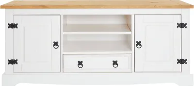 Produktbild von Lowboard TEQUILA 140 cm, Weiß/Braun - TV Schrank aus Kiefer Massivholz, Fernsehtisch im Mexiko Stil, 2 Türen, Schublade und offenes Fach, Rustikaler Landhausstil