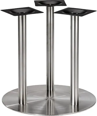 A three-legged stainless steel table base with square top plates.