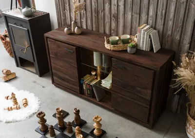 Produktbild von MASSIVMOEBEL24 Sideboard Akazie 145x40x78 dunkelbraun lackiert BARK #200