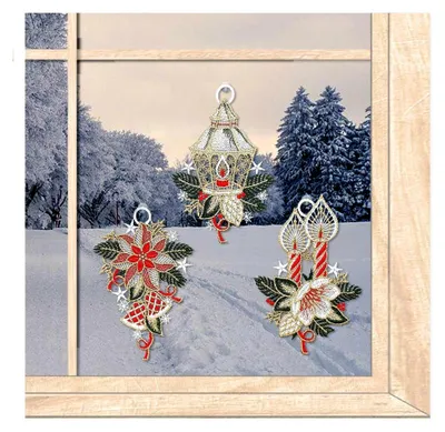 Produktbild von 3er Set Kleine Winter-Fensterbilder Laterne, Kerze und Weihnachtsstern | Wiederverwendbares Dekorationsset aus Farbiger Luft-Spitze | BxH je 10 x 16 cm