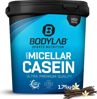 A tub of BODYLAB Micellar Casein protein powder with vanilla beans.