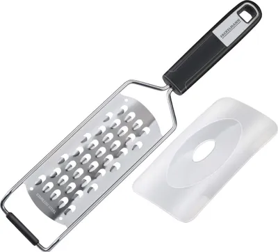 Produktbild von Fackelmann Handreibe grob 30 cm SENSE, Hobel mit Funktionsteil aus Edelstahl, ergonomischem Soft-Touch-Griff, Raspel mit Klingenschutz und Antirutschfläche (Farbe: Silber/Schwarz), Menge:1Stück