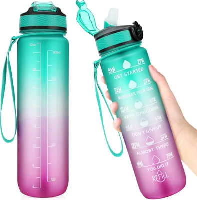Productafbeelding van Drinkfles 1 liter - Tijdsmarkering en rietje - BPA-vrij