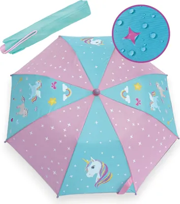 Produktbild von HECKBO Kinder Regenschirm Sterne – Farbwechsel bei Regen, reflektierend, Holzgriff, mit Namensschild