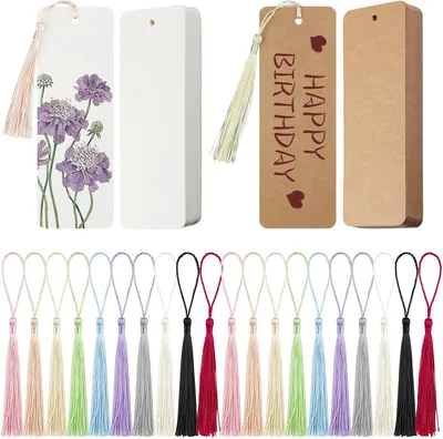 Produktbild von Lesezeichen Set 120 Stück, Kraftpapier und weißer Karton, mit bunten Quasten, für DIY Projekte