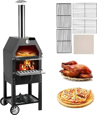 Image de Barbecue connecté - Barbecue de luxe - Four à pizza - 2 en 1 - Four à bois - Pierre à pizza - Barbecue au charbon - 45,8 x 46,4 x 141,8 cm