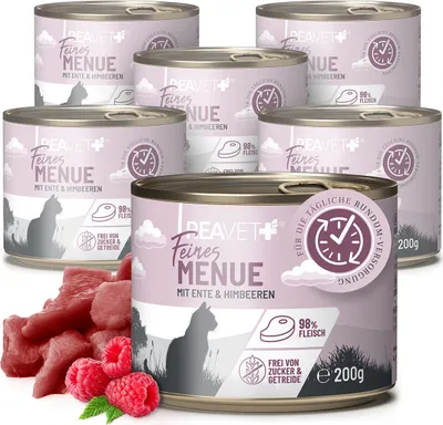 Produktbild von REAVET Premium Katzenfutter nass mit Ente & Himbeeren 6 x 200g I Getreidefrei aus hochwertigem Fleisch I Katzennassfutter ohne Zucker, Nassfutter für ausgewachsene Katzen