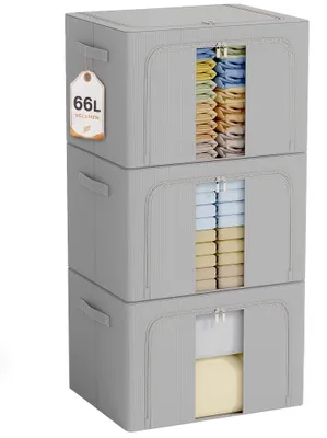 Productafbeelding van GoMaihe opbergboxen voor kleding, 66 liter, met metalen frame, 3 stuks, grijs
