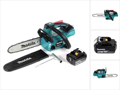 A Makita cordless chainsaw and its accessories are displayed on a white background.