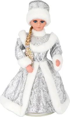 Produktbild von Dekofigur Schneemädchen Sneguratschka in silbernem Pelzmantel 40 cm mit Süßigkeitenfach