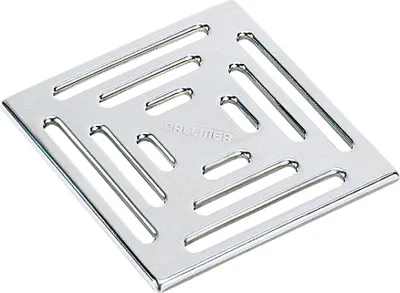 A square metal drain cover with a patterned surface.