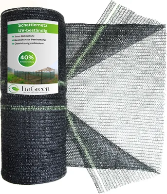 A roll of black shade netting with a green stripe, partially unrolled to show its texture and pattern. A label is attached to the roll.