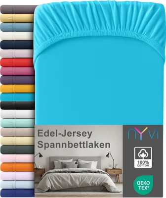 Produktbild von Edel Jersey Spannbettlaken Deluxe für Matratzen bis 25 cm Steghöhe - 100% Baumwolle supergekämmt, 140g/m², Rundumgummizug, Farbe:Türkis, Größe:180-200 x 200 cm