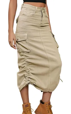 Produktbild von ASKSA Damen Y2K Cargo Roecke Jeans Bleistiftrock High Waist Elegant Kordelzug Midi Rock mit Taschen, Khaki, XXL