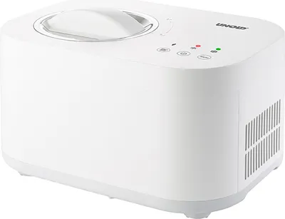 Die Unold Eismaschine Snow 1 L ist eine weiße, rechteckige Eismaschine mit transparentem Deckel, sei
