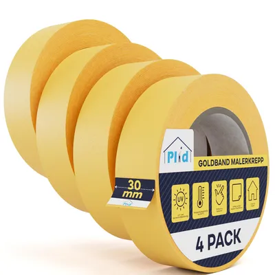 Produktbild von Plid® Goldband Malerkrepp (30mm x 50m, 4 Rollen) - Malerklebeband Nassfest - Innen & Außen - Abklebeband Maler, verhindert Unterlaufen von Farben