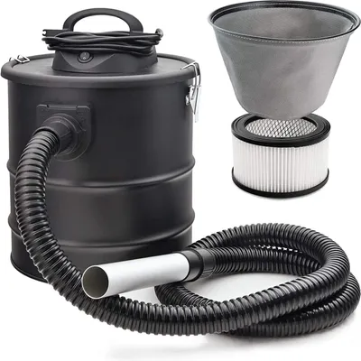 A black ash vacuum cleaner with its hose and filters displayed against a white background.