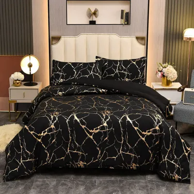 Produktbild von Bettwäsche-Set 135x200 cm Schwarz Gold 2-teilig Mikrofaser Wendebettwäsche mit Kissenbezug 80x80 cm