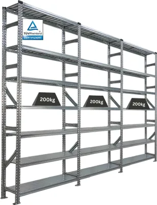 Produktbild von Fachbodenregal PROXIMO mit Stecksystem | Komplettregal | HxBxT 250x360x32cm | 7 Ebenen | Beidseitig nutzbar | Verzinkt