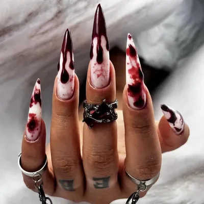 Produktbild von Künstliche Nägel Stiletto Lang Dunkel Rot Blood French Horror Vampire Design mit Nagelkleber HAD11
