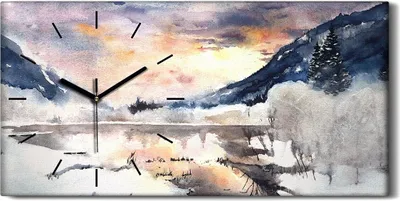 Produktbild von Wanduhr Bürouhr Leinwand Bild 60x30 Winter Landschaft Berge See Schnee - schwarze Hände