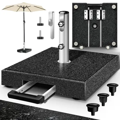 Produktbild von tillvex® Granit Sonnenschirmständer mit Rollen & Transportgriff Anthrazit - 27 kg Eckig mit Trolley-Griff | Schirmständer Sonnenschirm mit Edelstahlrohr | Balkonschirmständer für Schirmstöcke 16-48 mm & 250 cm Schirmdurchmesser