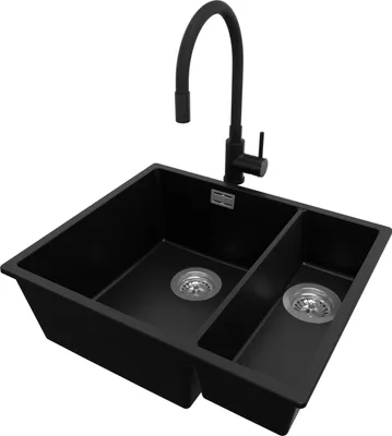Produktbild von PRIMAGRAN Granitspüle Schwarz 56x47cm, Spülbecken 1,5 Becken + Küchenarmatur 40x38cm + Ablauf-Set, Küchenspüle ab 60er Unterschrank - London Slim Duo