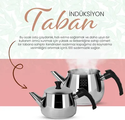 Produktbild von Serenk Modernist Türkische Teekanne Set aus Edelstahl, Caydanlik, Teekanne 1 L, Teekannendeckel 1,5 L, Schwarzer Griff, Türkiye