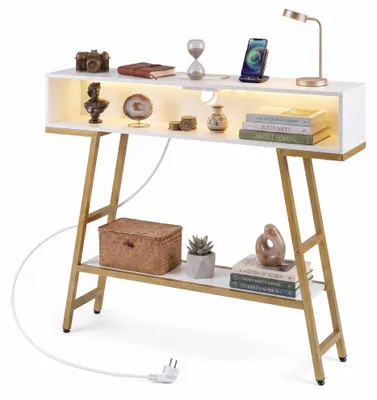Produktbild von KOMFOTTEU 3-stufiger Konsolentisch, Flurtisch mit LED-Beleuchtung und Ladestation, Eingangstisch Staufach und Ablage, schmaler Sofatisch, für Wohnzimmer, Flur, Eingang, Foyer, 100 x 20 x 86,5 cm