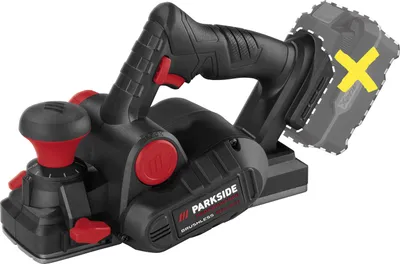 A cordless planer is shown from a three-quarter angle against a white background. The battery is shown as a dashed outline with a yellow 'X' over it, indicating it is not included.