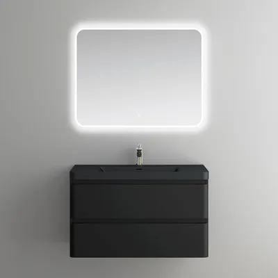 Produktbild von Mai & Mai Badmöbel-Set Waschbeckenunterschrank 90x48x55cm in Matt Schwarz mit Softclose Schubladen inkl. Mineralguss Waschbecken und LED-Spiegel Lucca