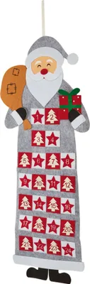 A hanging Christmas advent calendar shaped like Santa Claus with 24 pockets.