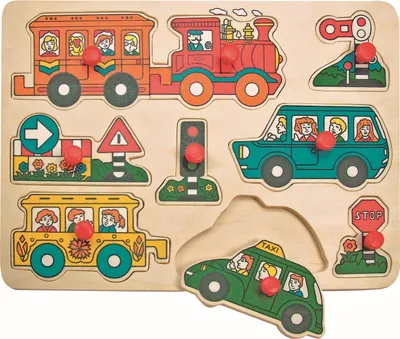 Produktbild von Holzpuzzle / Greifpuzzle mit Knauf zum Thema Verkehr und Fahrzeuge. 9tlg