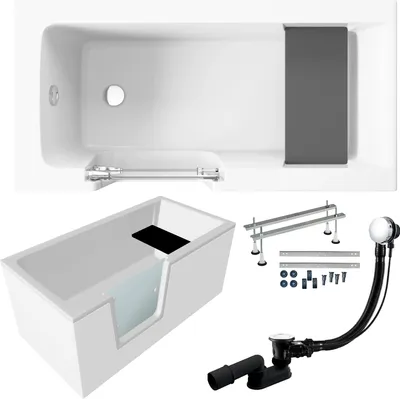A collage of images showing a bathtub, its components, and installation hardware.