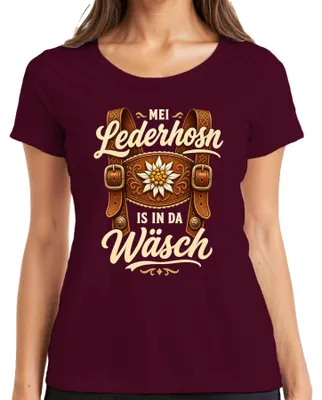 Immagine prodotto di Mei Lederhosn: T-shirt da donna, stile Lederhose bavarese, con motivo Dirndl, colore bordeaux, taglia S