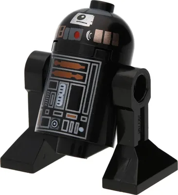 A black LEGO droid with silver and orange detailing, shown from a 3/4 front angle against a white background.