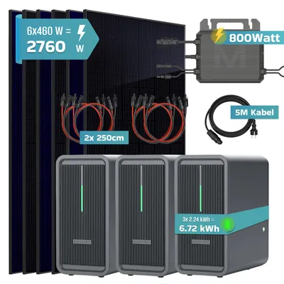 Produktbild von SUNNIVA® 2760W Balkonkraftwerk mit 6,72 kWh Speicher Marstek 3x B2500-D, 6x 460W BIFAZIAL FULLBLACK komplett Steckdose, PV Solaranlage + Solarspeicher