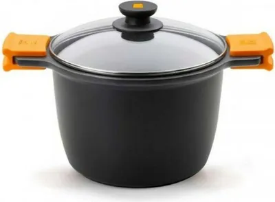 A black pot with orange handles and a glass lid is shown against a white background.