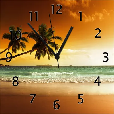 Produktbild von Wallario Design Wanduhr Palmen am Sandstrand bei untergehender Sonne aus Echtglas, Größe 30 x 30 cm